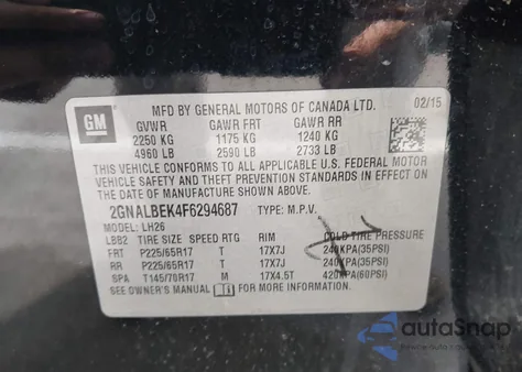 2015 Chevrolet Equinox 1Lt z USA, uszkodzony, nr VIN 2GNALBEK4F6294687